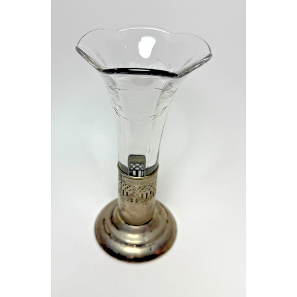 Antique 6" Art Nouveau Clear Cut Crystal Trumpet Bud Vase Filigree Metal Base - Picture 2 of 7